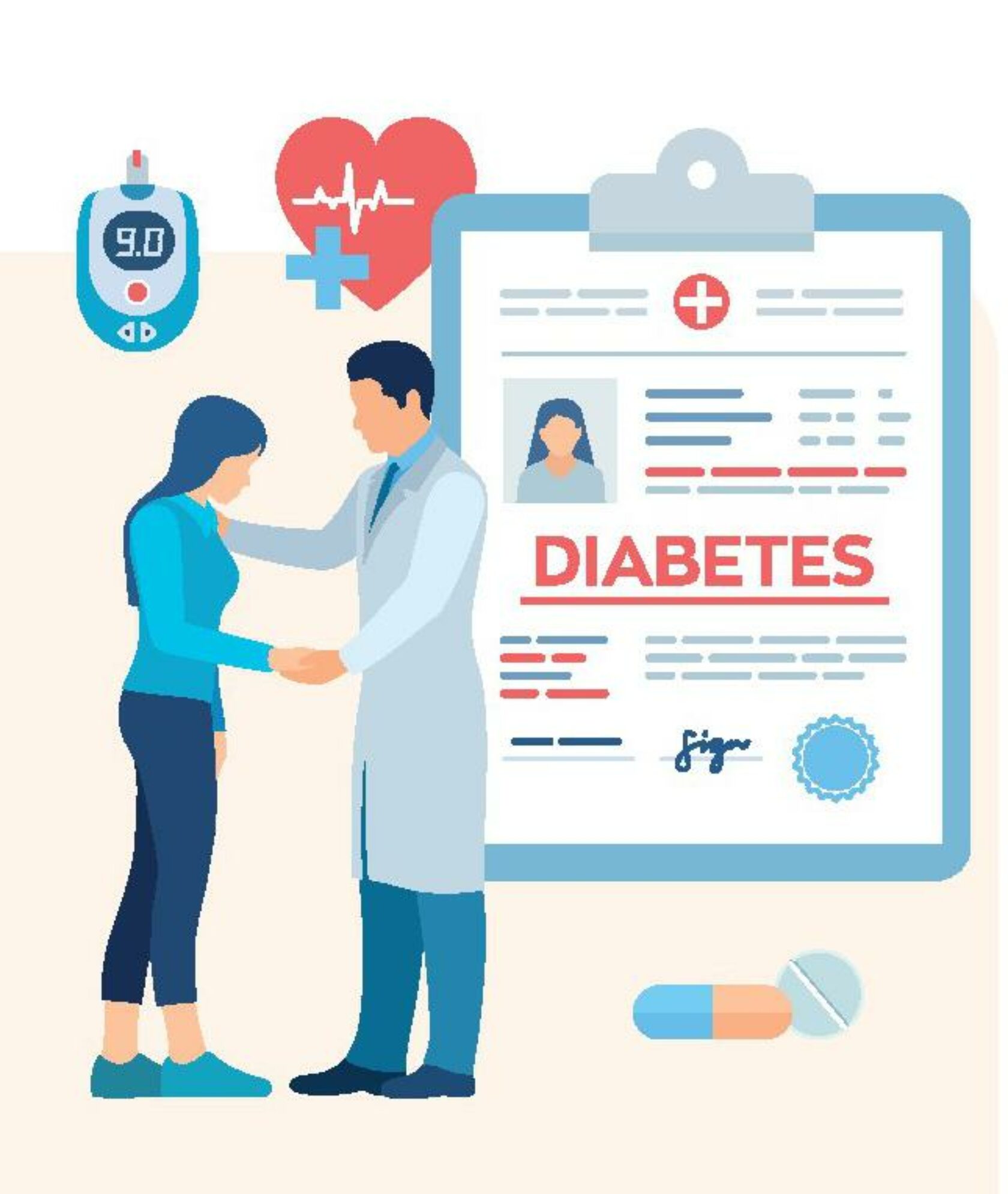 Illustration symbolisiert Diabetes: Blutzuckermessgerät, Krankenakte und Patient:in mit Arzt/Ärztin