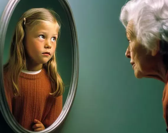 KI-Bild: Eine alte Dame blickt in den Spiegel und sieht dort sich selbst als Mädchen.