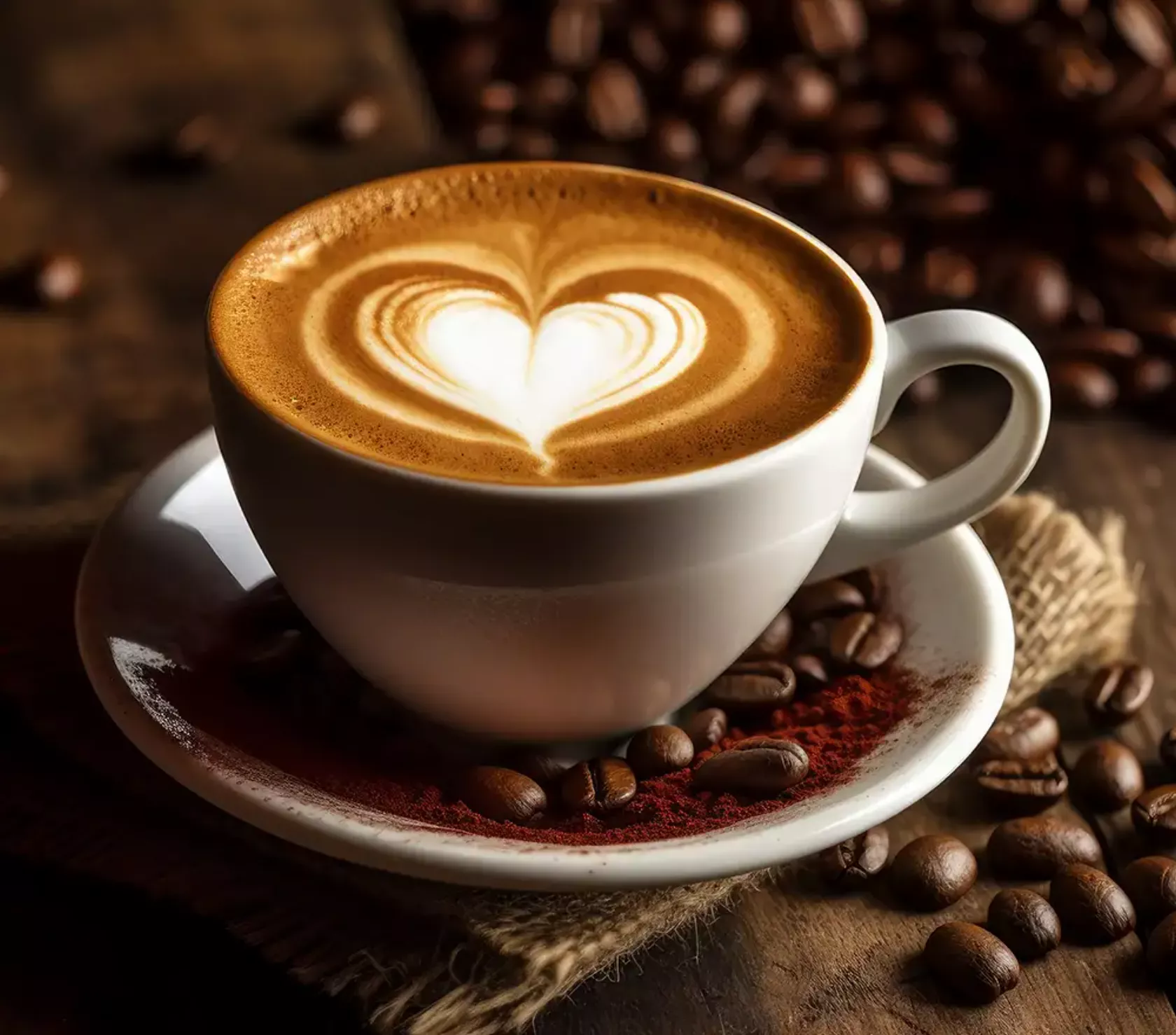 Eine Tasse Kaffee mit Herz im Milchschaum, mit Kaffeebohnen.