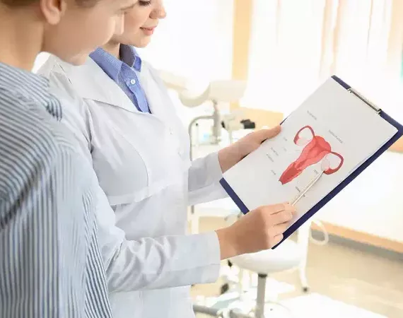 Patientin wird von ihrer Frauenärztin mit einem Schaubild von Uterus/Adnexen/Ovarien zum Polyzistischen Ovar-Syndrom beraten.