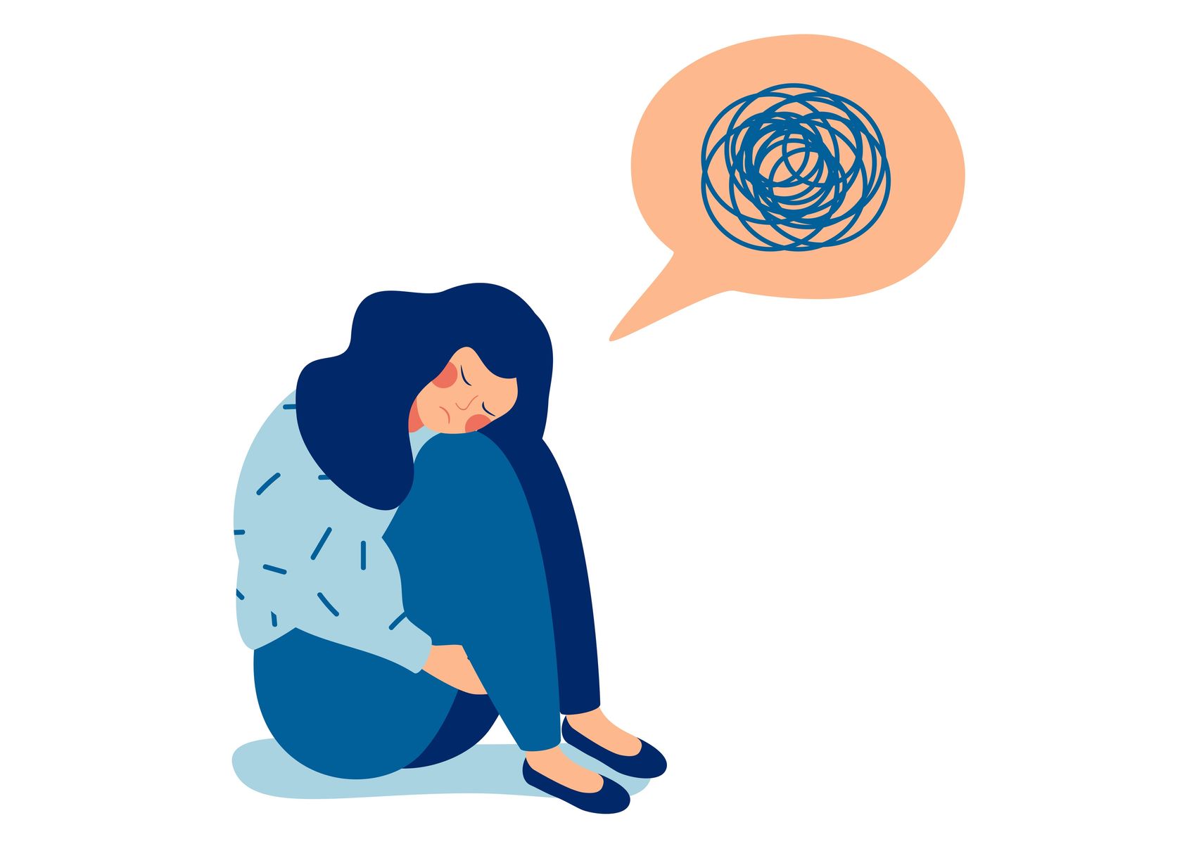 Illustration einer Frau, die am Boden sitzt und eine Sprechblase mit einem Gedankenknäuel über sich hat.
