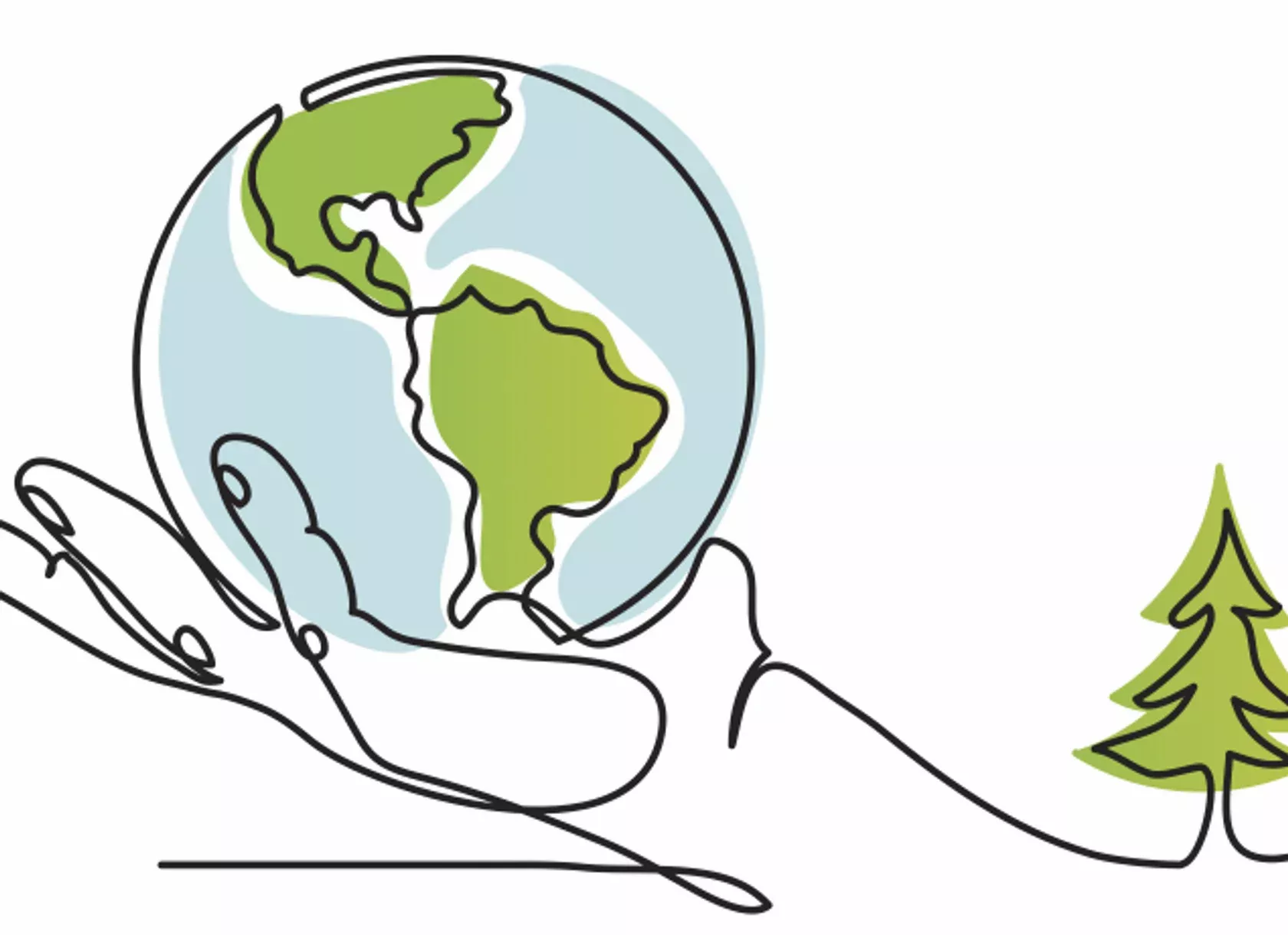 Klimaschutz - Zeichnung einer Hand, die den Globus hält. Die Kontinente sind grün.