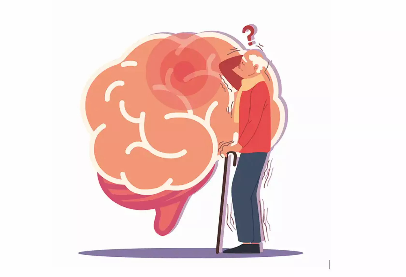 Illustration ein Gehirn und ein zitternder Mann mit Gehstock und einem Fragezeichen über dem Kopf.