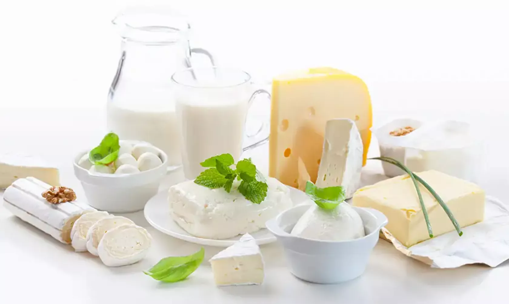 Milchprodukte angeordnet: Ziegenkäse, Käse, Frischkäse, Quark, Milch, Butter, Sahne.