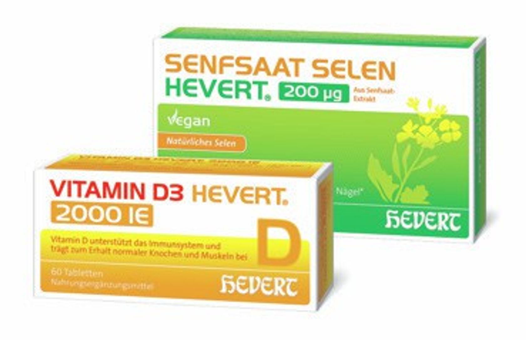 Foto der Packungen von Hevert Senfsaat Selen und Hevert Vitamin D3.
