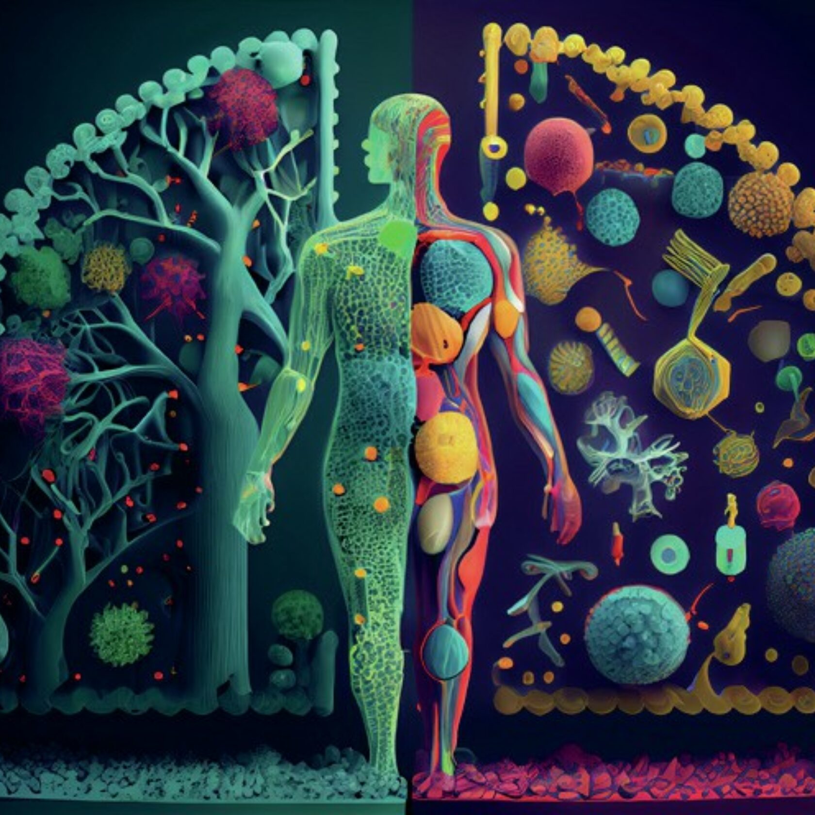 Bunte Illustration vor schwarzem Hintergrund: Das Mikrobiom des Menschen im Austausch mit dem Mikrobiom seiner Lebensumwelt