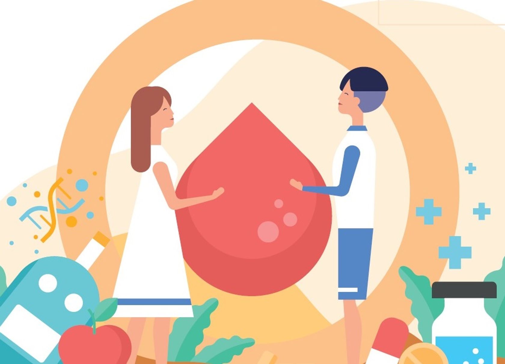 Illustration: zwei Menschen halten einen Tropfen Blut zwischen sich. Drumherug Medikamente und ein Blutdruckmessgerät. 