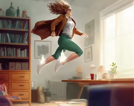 Bild einer Frau, die mit beflügelten Füßen wie Achilles durch die Luft schwebt.